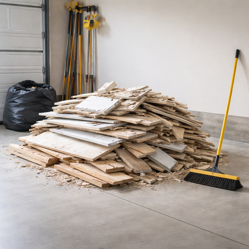 Construction debris piled and ready for haul away