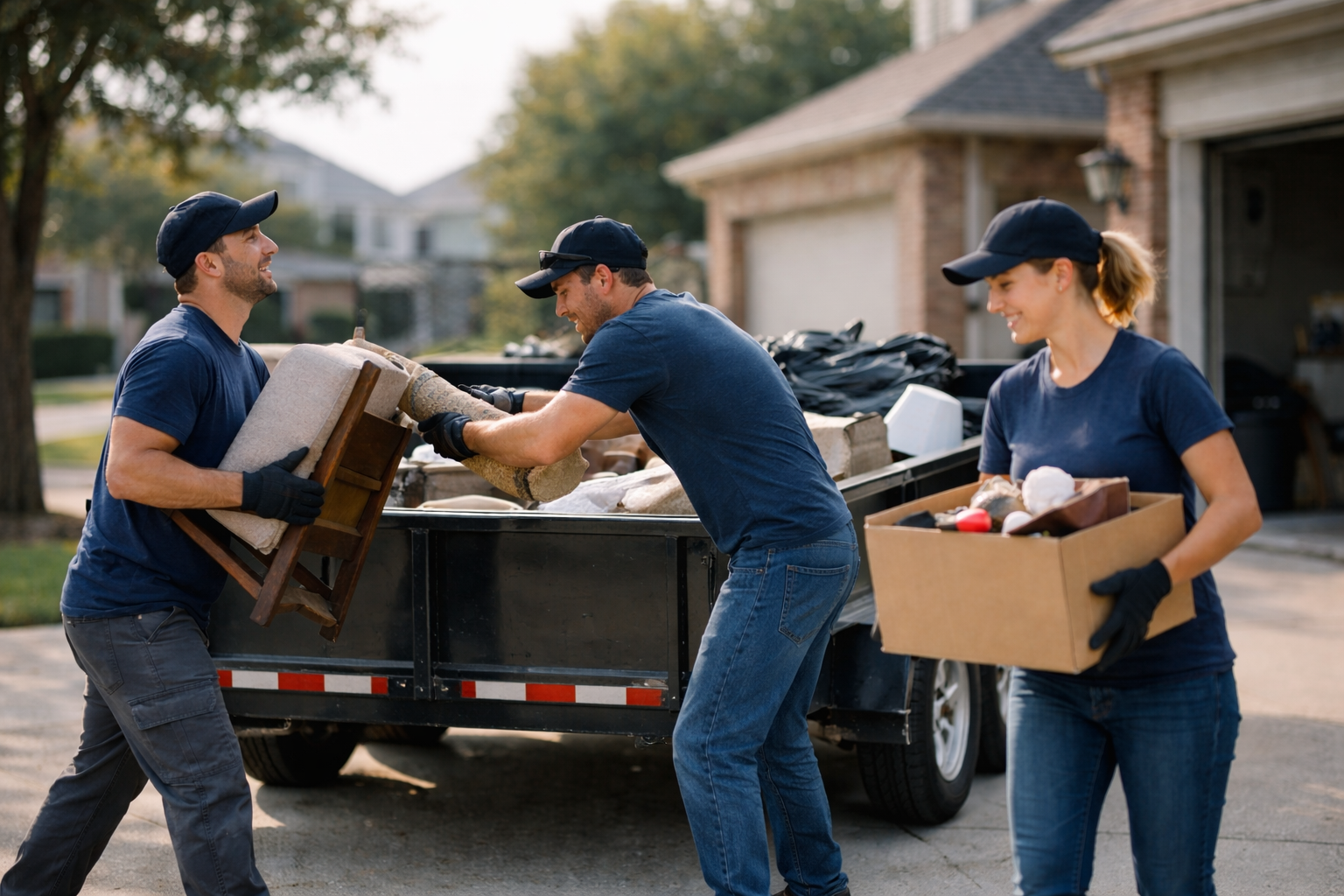 Haul-away crew loading items into a trailer